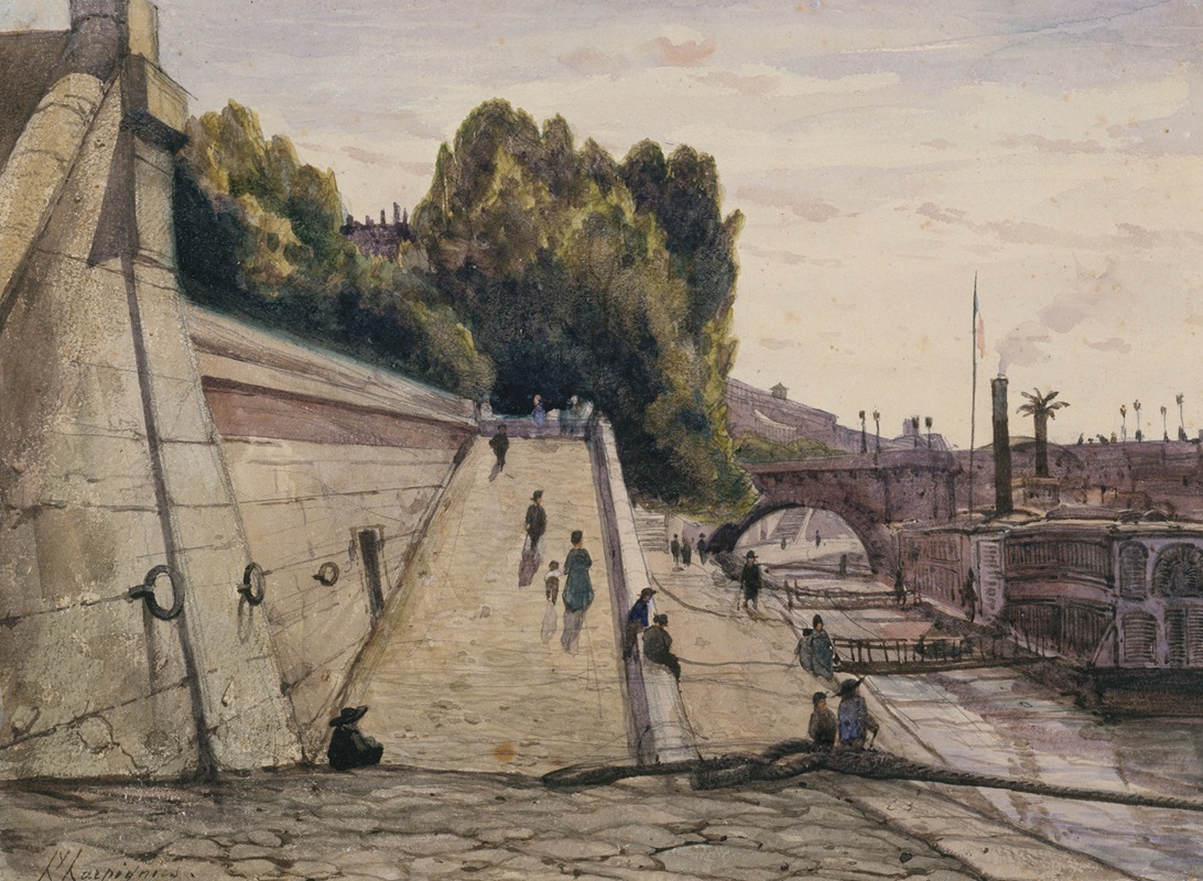 Henri-Joseph Harpignies - Les bains de la Samaritaine, la Seine sur le quai du Louvre, 1er arrondissement