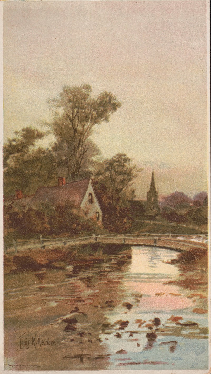 Louis Kinney Harlow - Bridge over a stream, with a cottage and a church in the background