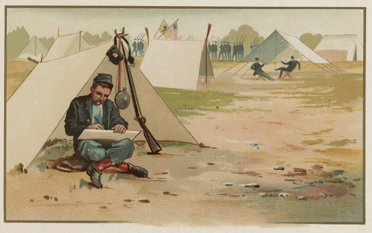 Louis Kinney Harlow - Union soldier making a drawing while sitting in front of tent at army camp