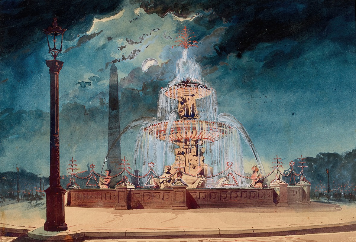 Pierre Manguin - Vue de nuit d’une fontaine décorée place de la Concorde sous le Second Empire