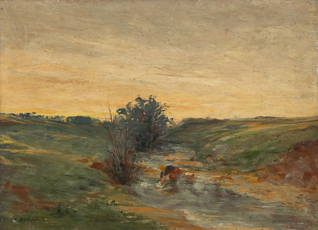 Serafin Maurer - Wäscherin am Bach bei Sonnenuntergang