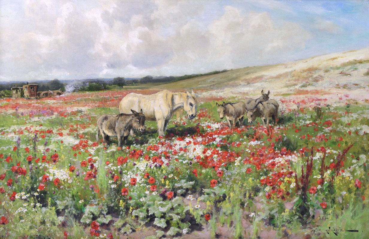 Arthur William Redgate - A Horse and Donkeys in a Summer Meadow with Gypsy Camp Beyond