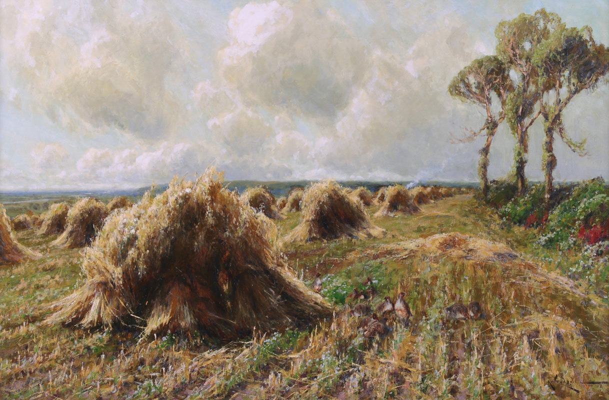 Arthur William Redgate - Partridges by the Haystacks in an Expansive Harvest Landscape