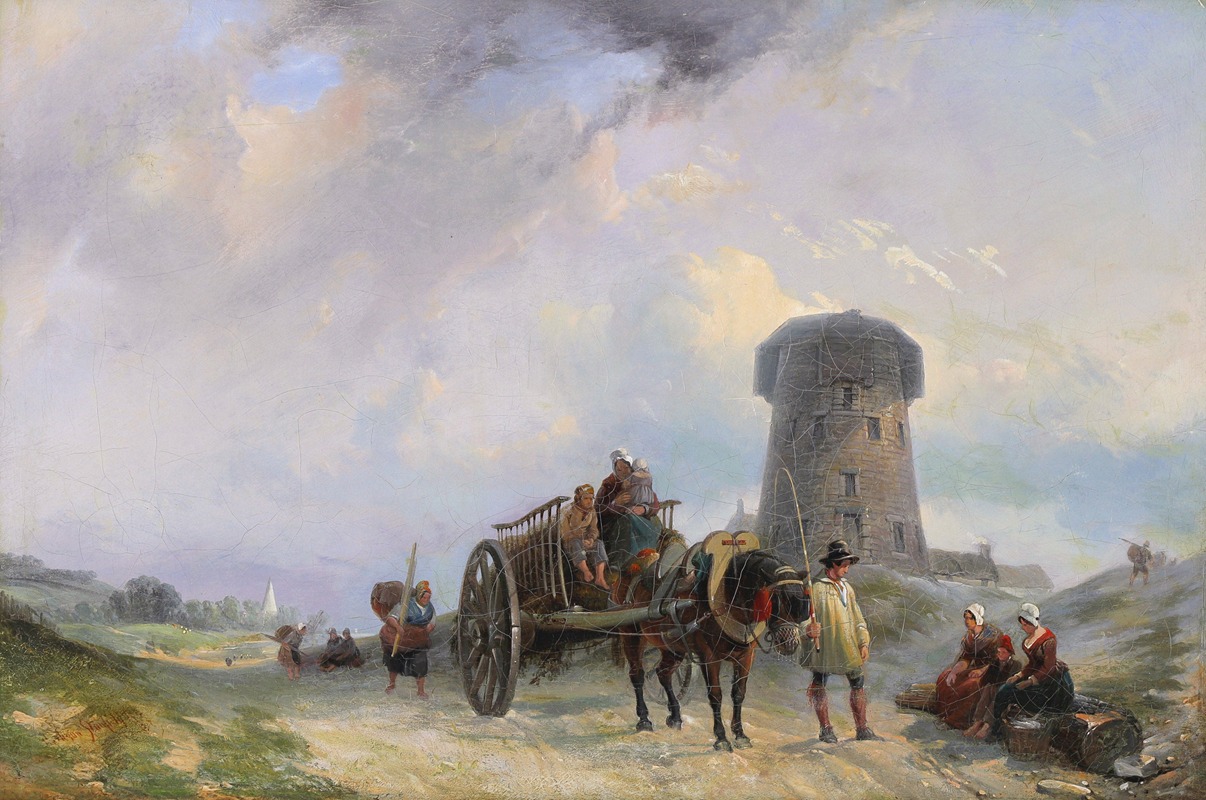 Clarkson Frederick Stanfield - Fisherfolk on a Coastal Path by a Jersey Round Tower