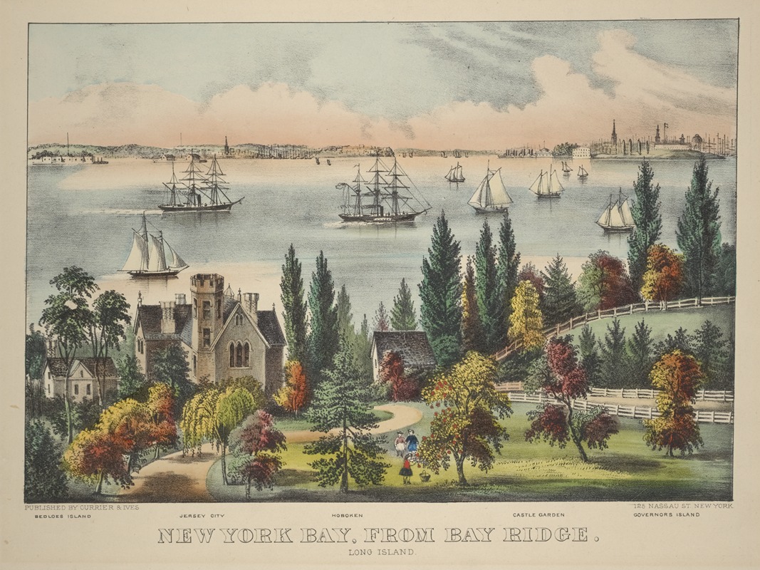 Currier & Ives. - New York Bay, from Bay Ridge. Long Island. Bedloes Island, Jersey City, Hoboken, Castle Garden, Governor’s Island