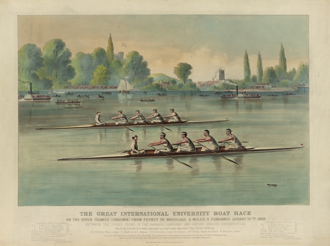 Currier & Ives. - The great international university boat race On the river Thames (England) from Putney to Mortlake 4 miles 2 furlongs August 27th 1869