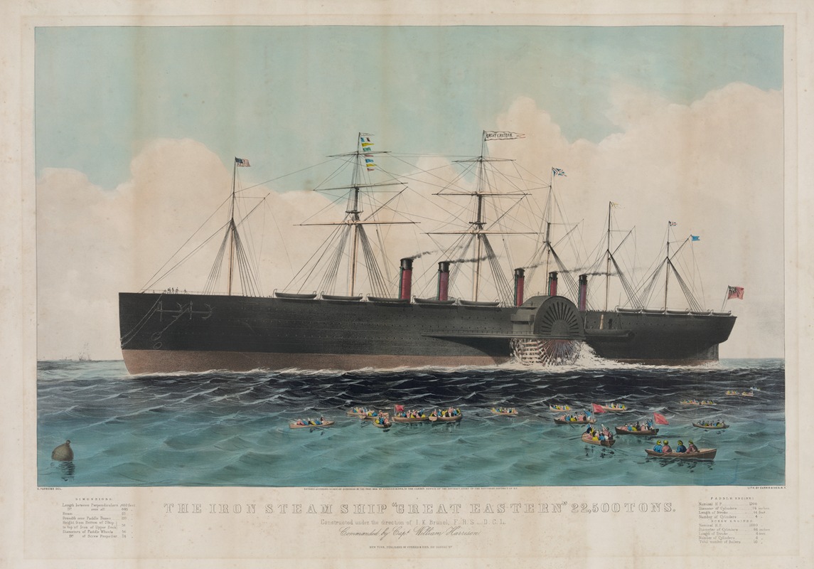 Currier & Ives. - The iron steam ship ‘Great Eastern’ 22,500 tons; constructed under the direction of I.K. Brunel, F.R.S. — D.C.L. commanded by Capt. William Harrison