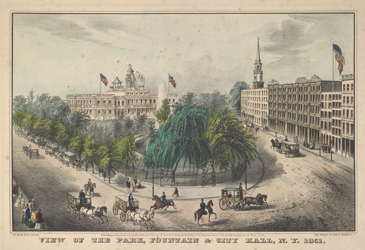 Currier & Ives. - View of the Park, Fountain & City Hall, N.Y. 1851.