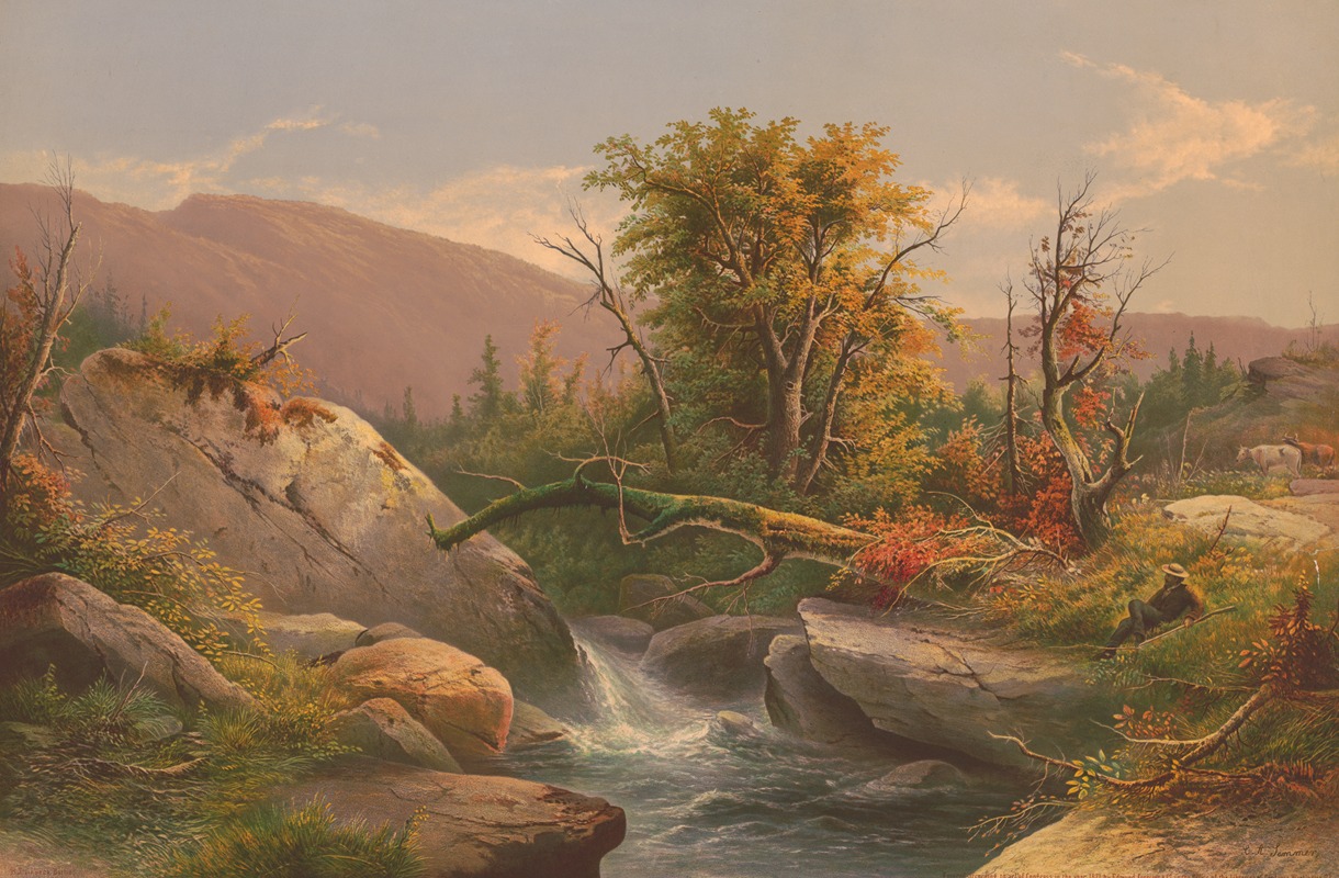 Edmund Foerster & Co. - Man reclining with rifle looking at rushing water