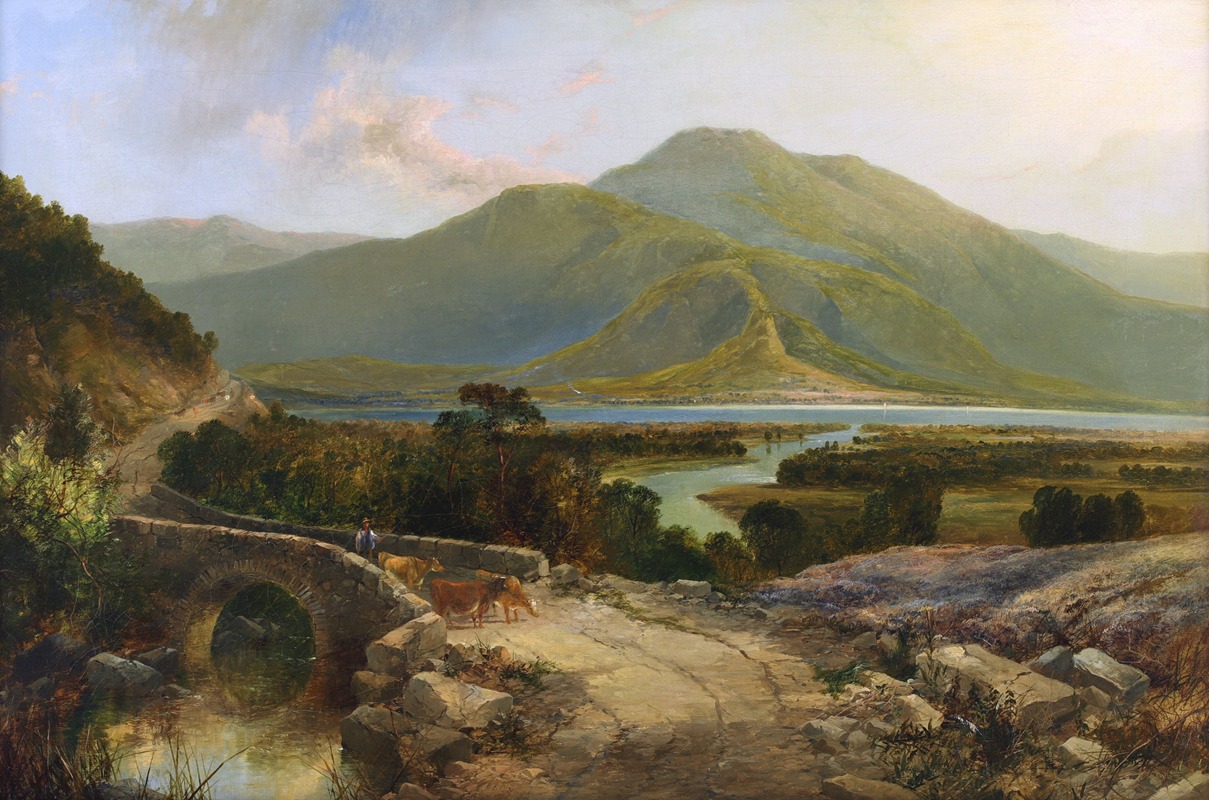 James Burrell Smith - A Drover with Cattle in a Mountainous Lake Landscape