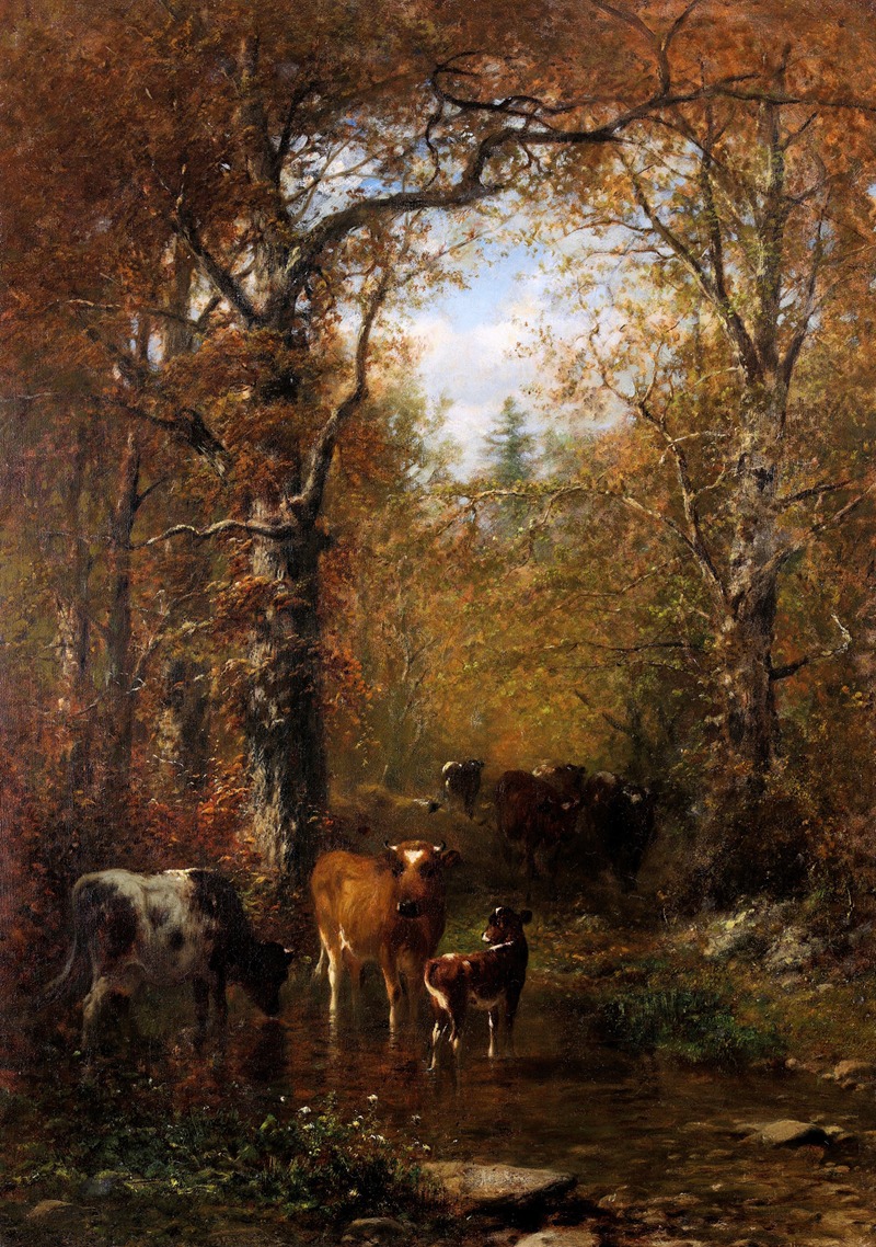 James McDougal Hart - Cattle by a Stream in a Wooded Landscape