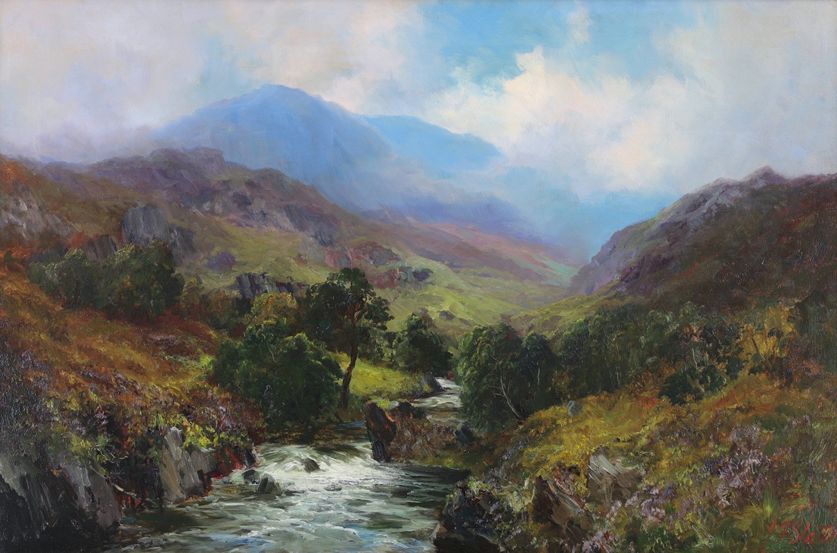 John Falconer Slater - Mist Rising Over a River in the Scottish Highlands