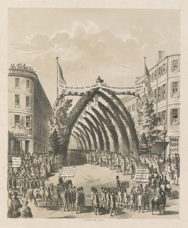 John H. Bufford's & Sons - Market St. Portsmouth with its triumphal arches & grand procession of the sons of Portsmouth, July 4th, 1853