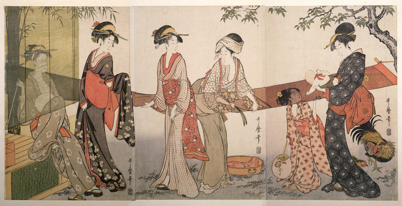 Kitagawa Utamaro - Arai-bari – Washing and stretching cloth