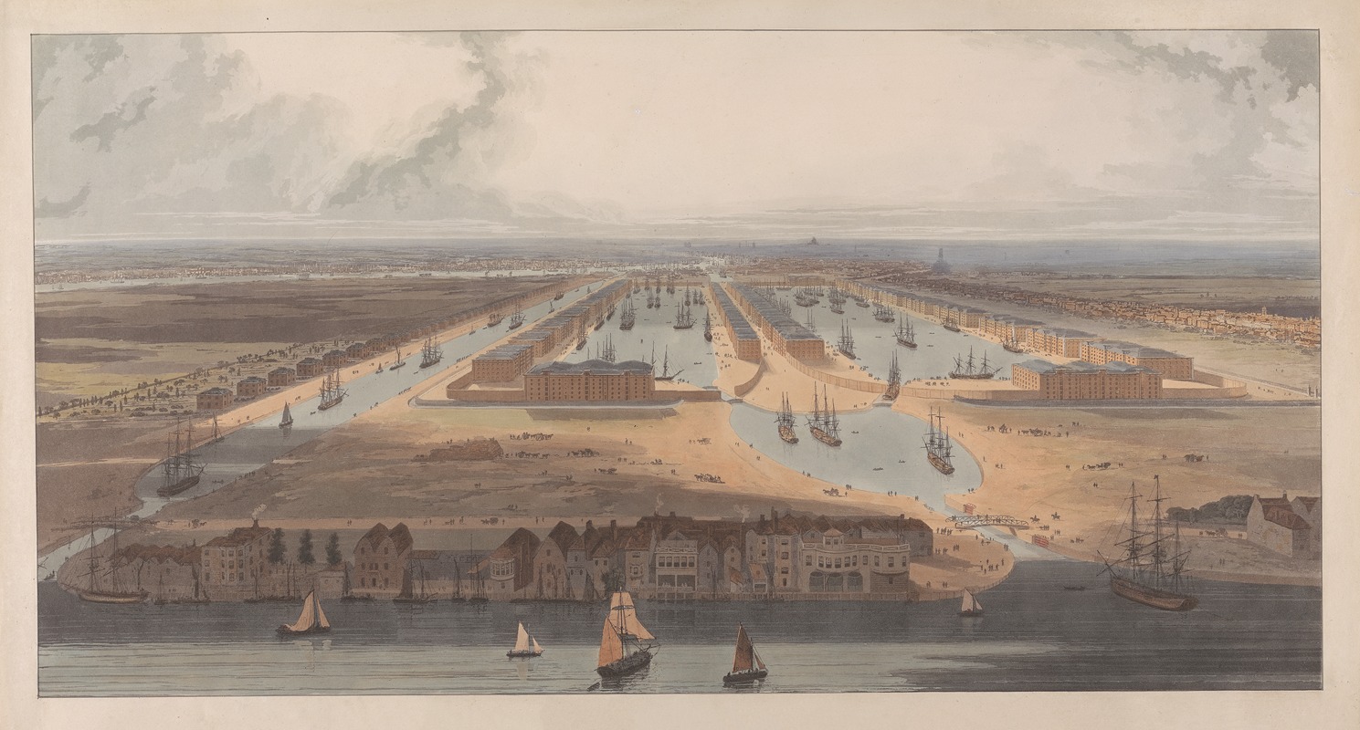 William Daniell - An Elevated View of the New Docks & Warehouses now Constructing on the Isle of Dogs