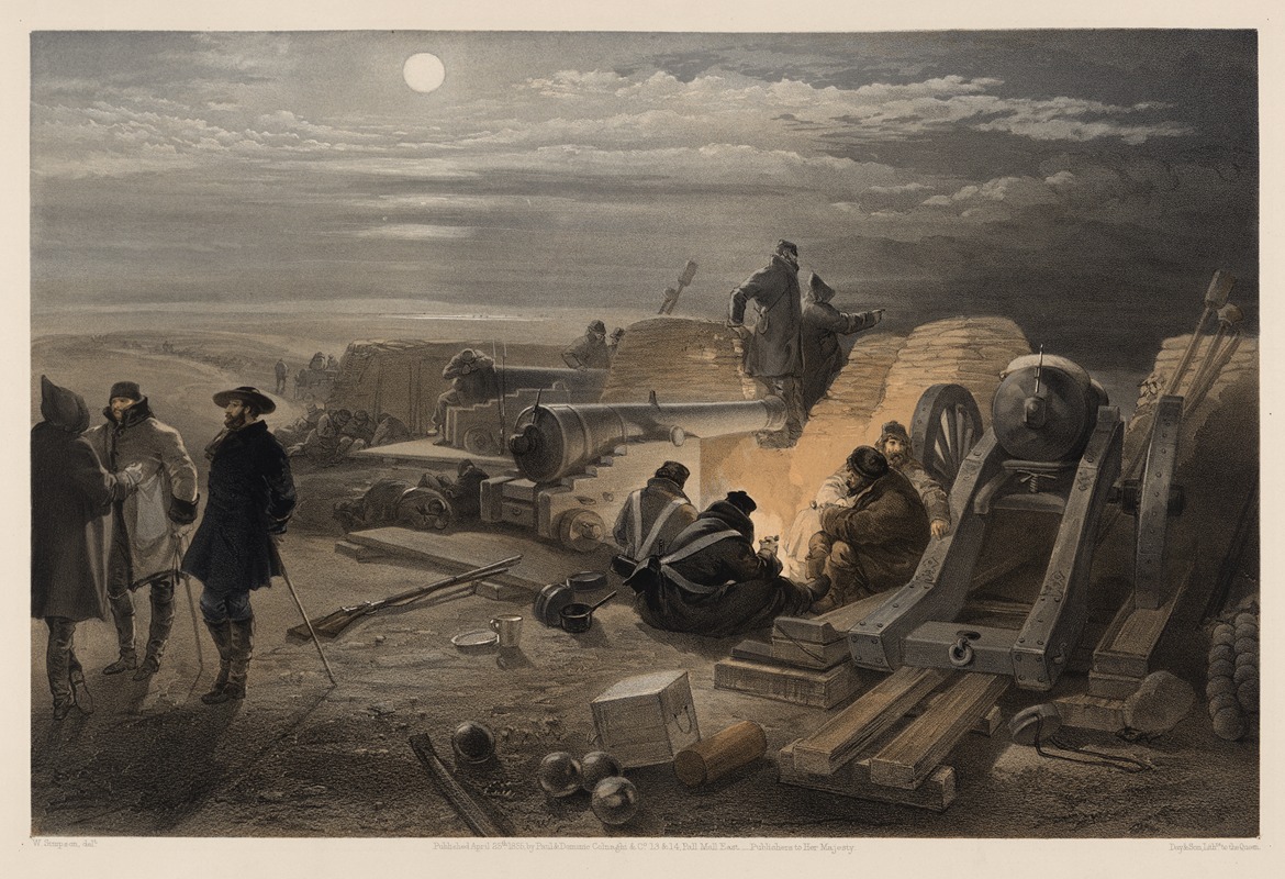 William Simpson - A quiet night in the batteries – a sketch in the Greenhill battery (Major Chapman’s), 29th Jany. 1855