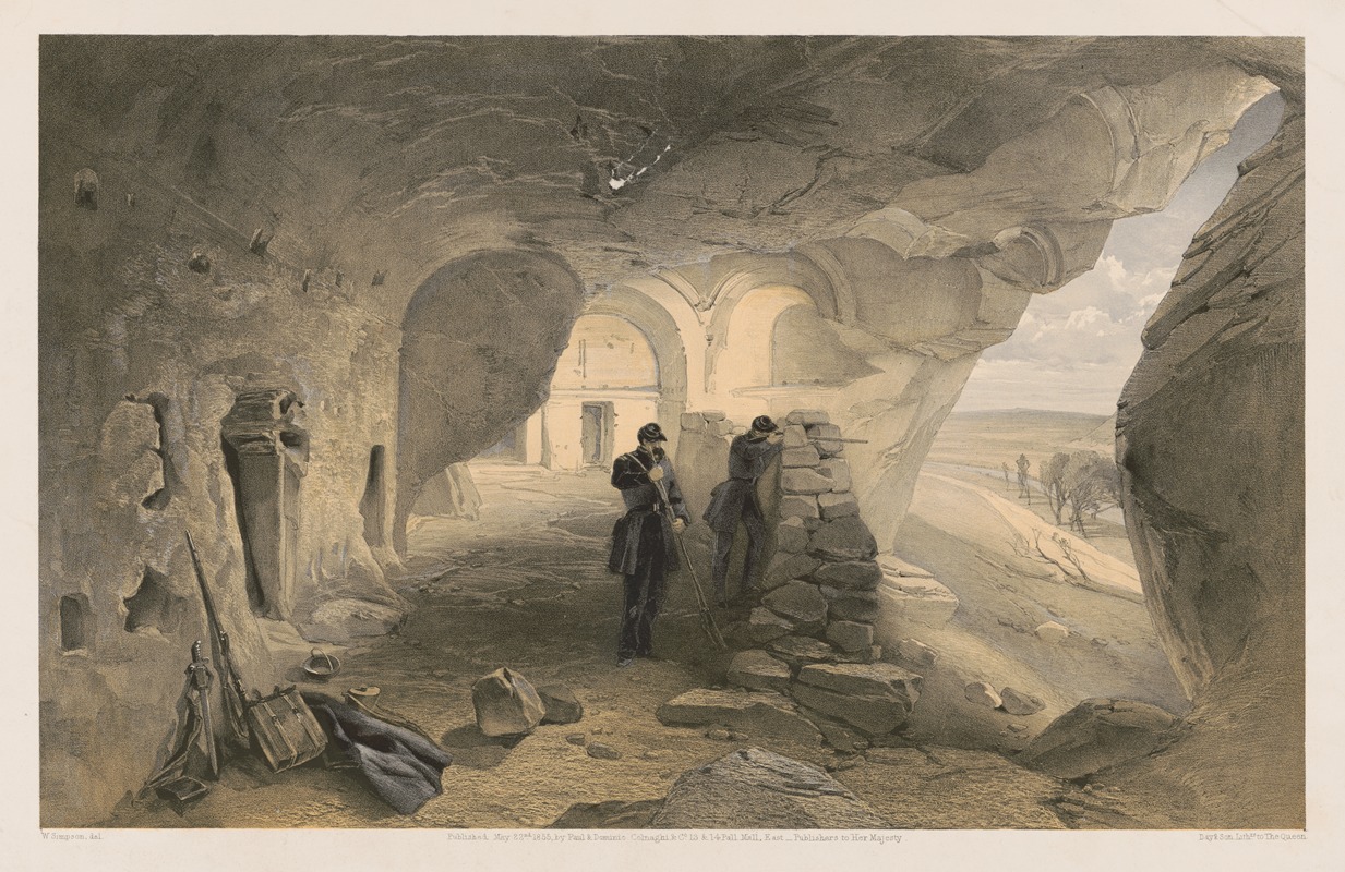 William Simpson - Excavated church in the caverns at Inkermann, looking west