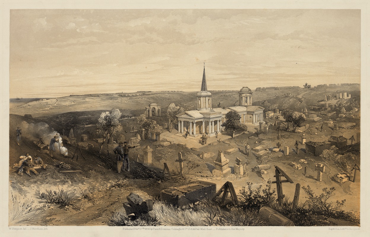 William Simpson - Quarantine cemetery and church, with French battery no. 50