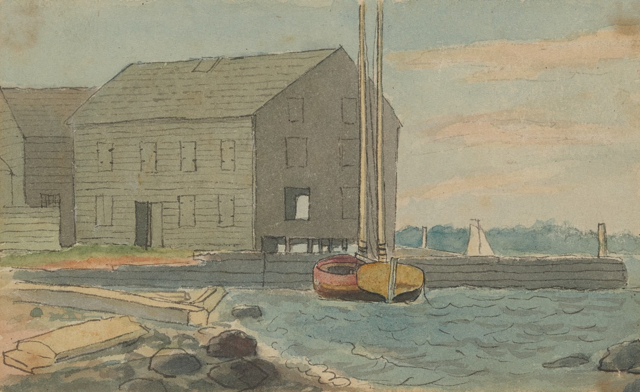 Alexander Anderson - Harbor scene with small sailboat and gray building