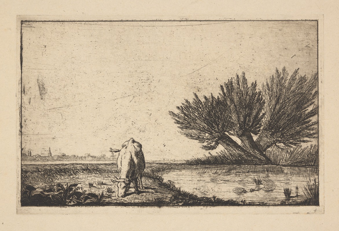 Auguste Delâtre - Cow grazing by pond