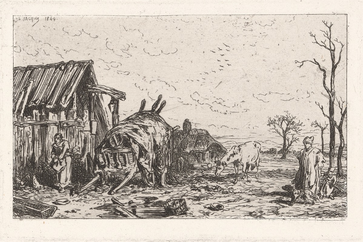 Charles Emile Jacque - Rural farm scene with barn, cart, two farmers