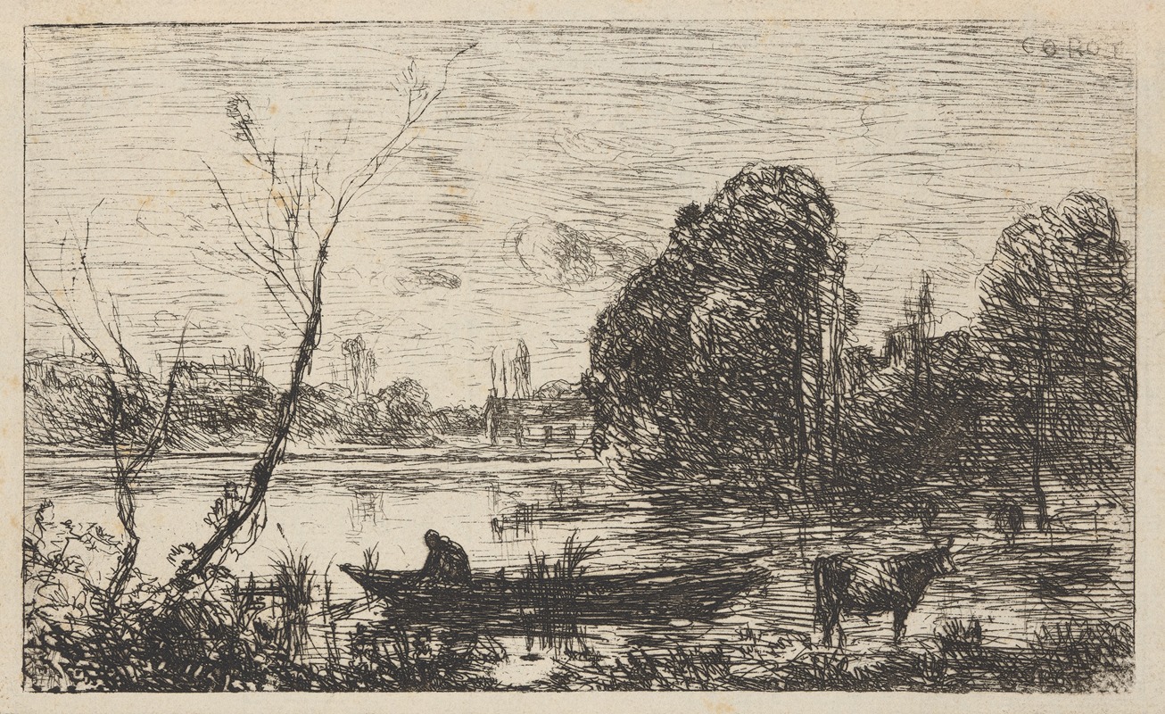 Jean-Baptiste-Camille Corot - Avray Town; Pond with boatman (Effect of evening)