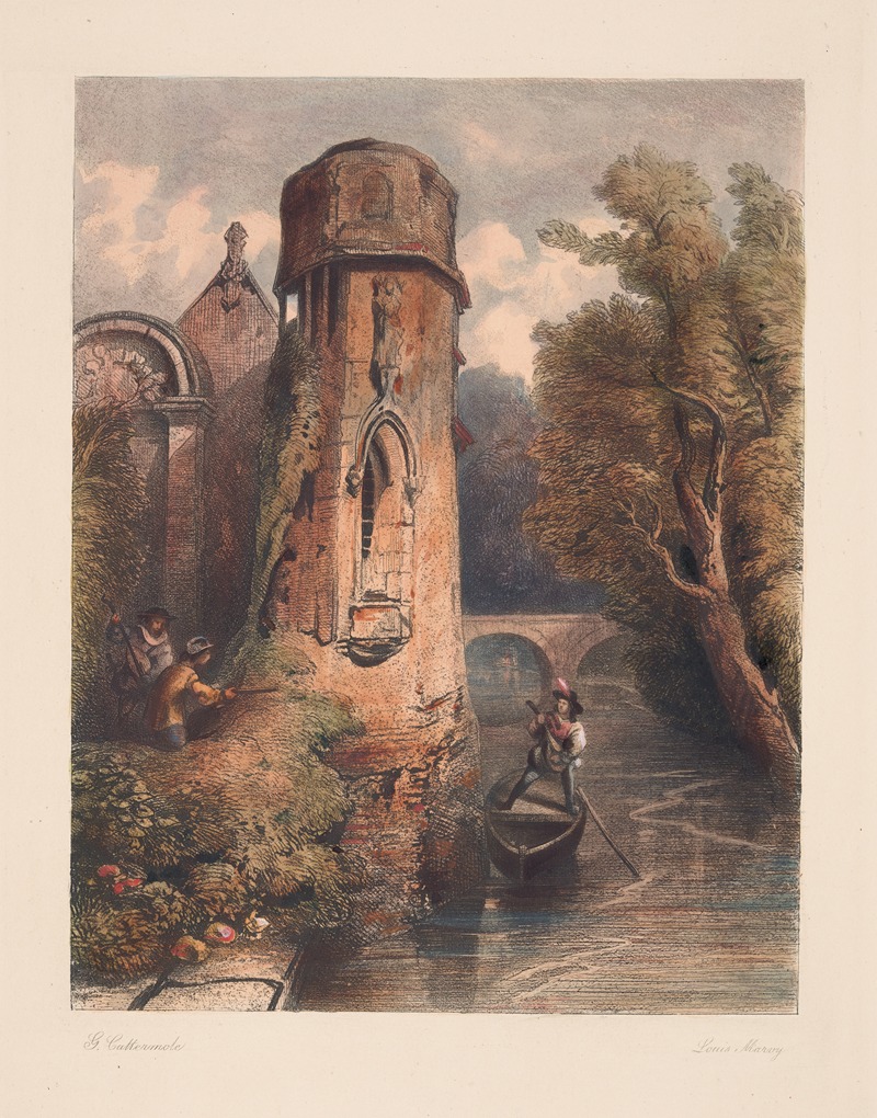 Louis Marvy - Landscape with man in boat playing lute near moss-covered tower (George Cattermole)