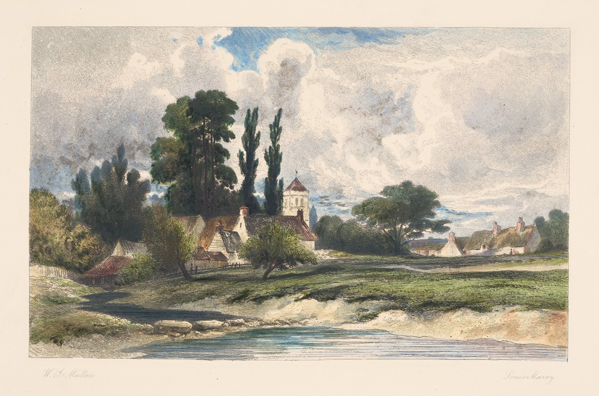 Louis Marvy - Rural landscape with pond and houses (William James Müller)