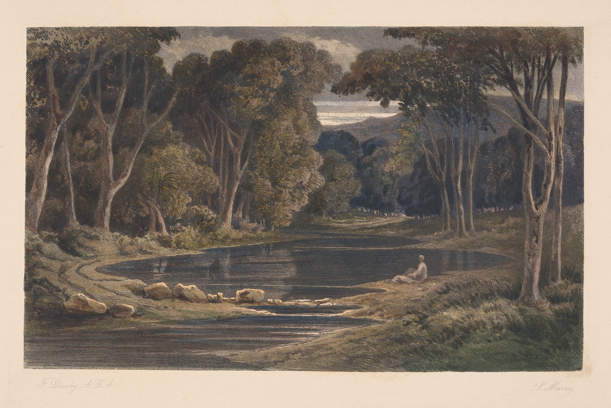 Louis Marvy - Woodland pool with seated figure (Francis Danby)