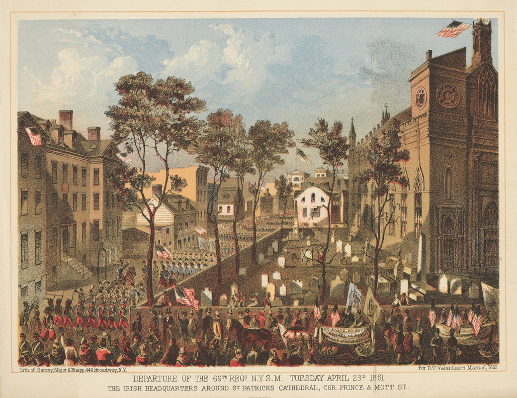 Sarony, Major & Knapp Lith. - Departure of the 69th Regt N.Y.S.M. Tuesday April 23d 1861. The Irish Headquarters around St. Patricks Cathedral, Cor. Prince & Mott St.