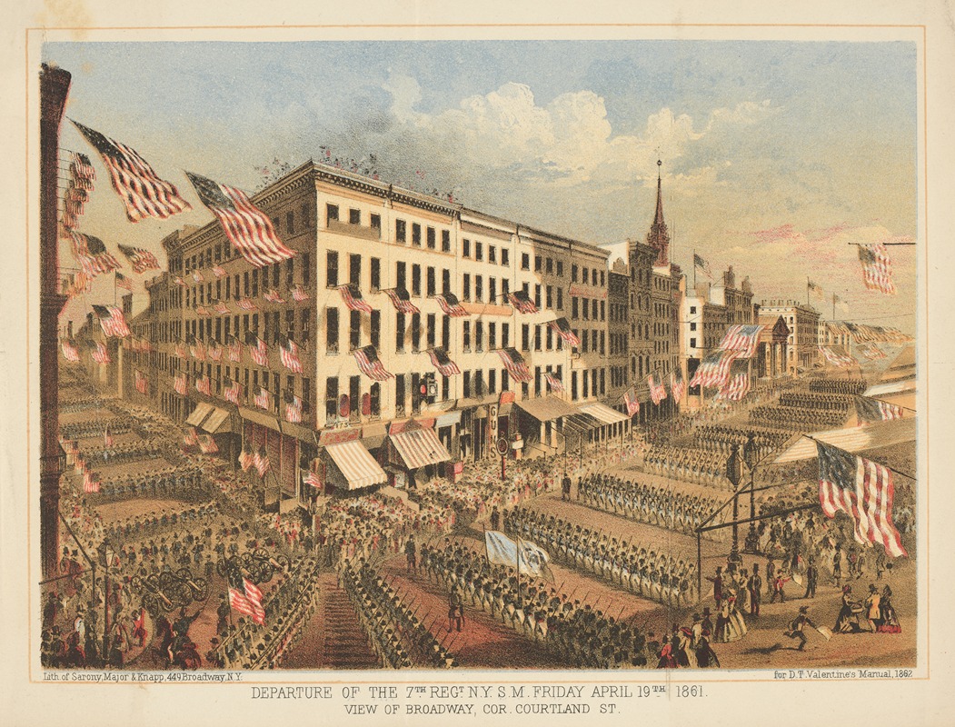 Sarony, Major & Knapp Lith. - Departure of the 7th Regt N.Y.S.M. Friday April 19thd 1861. View of Broadway, Cor. Courtland St.