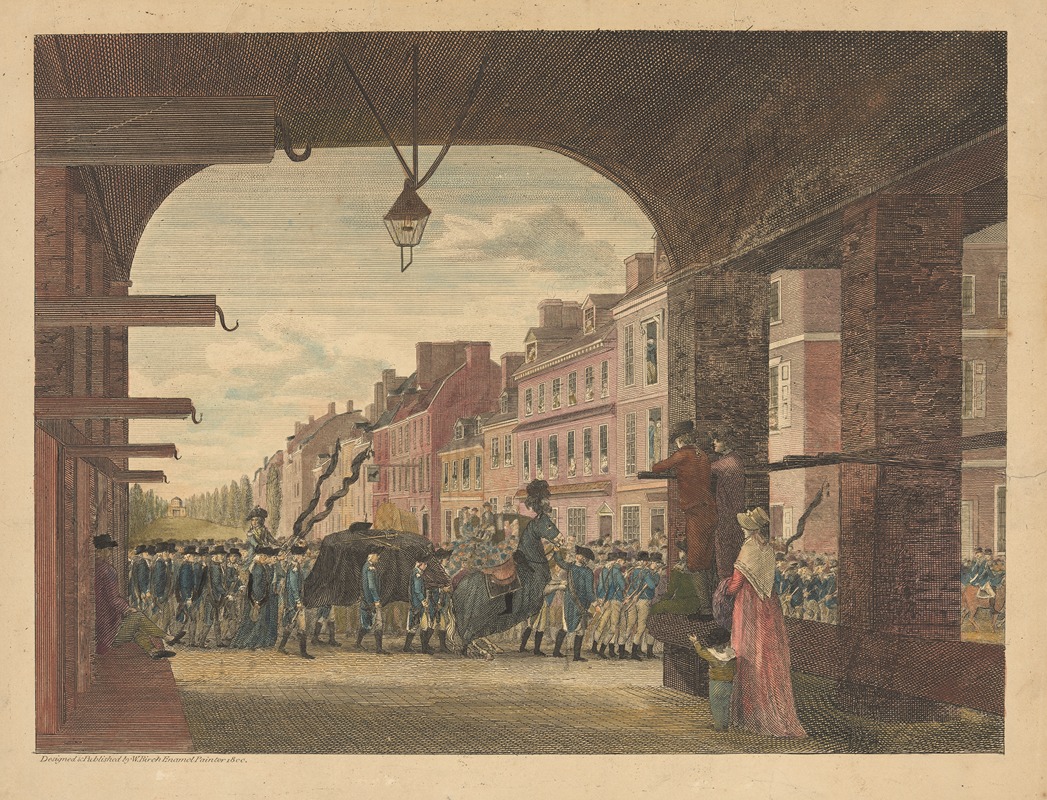 William Russell Birch - High Street, from the country market-place, Philadelphia; with the procession in commemeration of the death of General George Washington, December 26th 1799