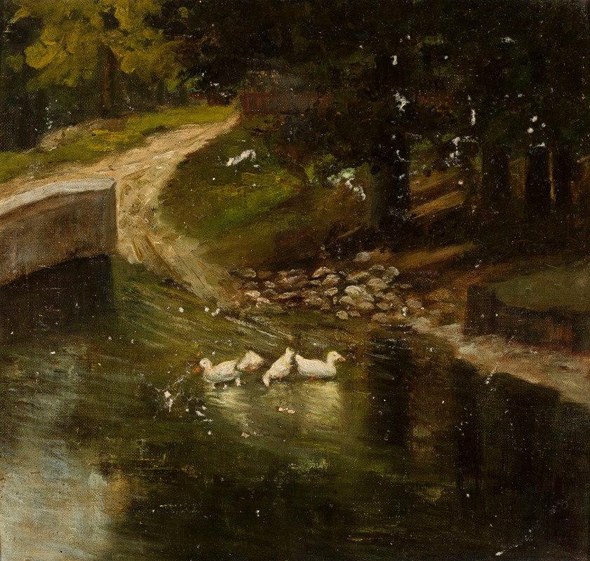 Marie Ibsen Jensen - Forest landscape with a creek and ducks