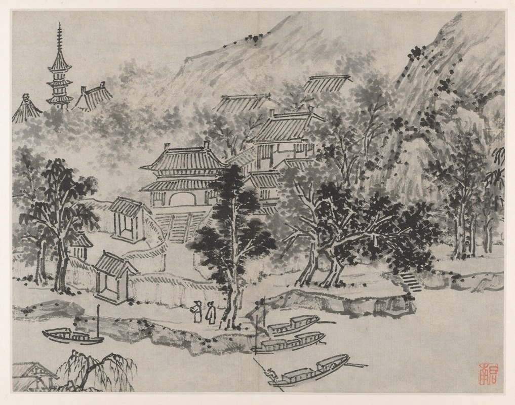 Shen Zhou - Distant View of Tiger Hill from the Canal Mooring, from Twelve Views of Tiger Hill, Suzhou