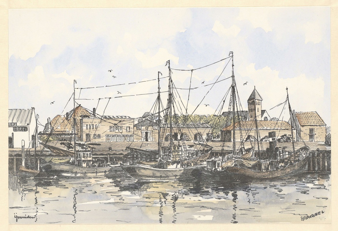 Bob Brobbel - De haven van IJmuiden, met rechts op de achtergrond het Ned. Herv. kerkje (de in 1880 gebouwde kerk is in 1968 afgebroken)