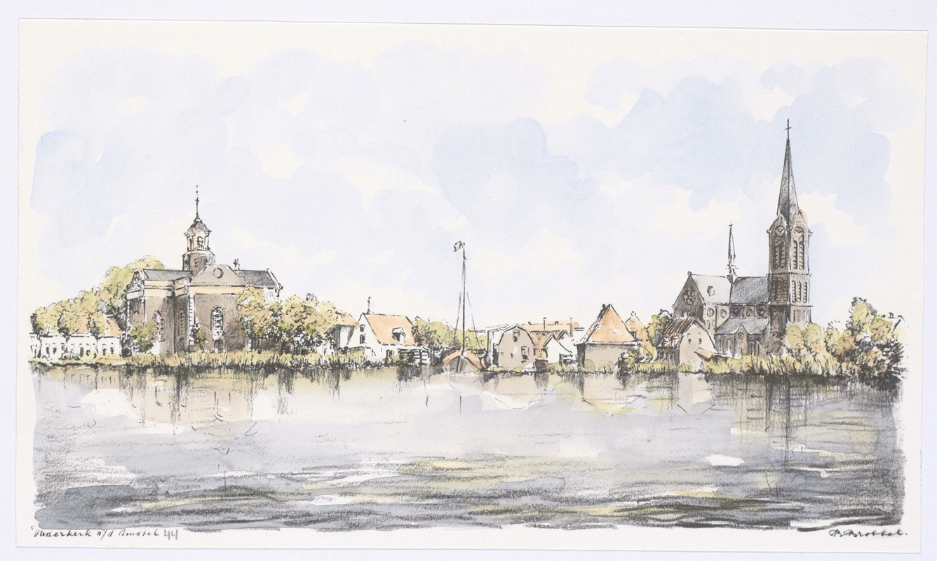 Bob Brobbel - Gezicht op Ouderkerk over de Amstel vanaf de Amstelzijde