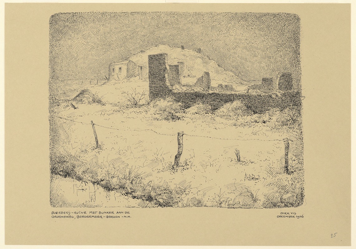 Dirk Vis - Bergen; ruïne van boerderij met erachter een bunker, aan de Groeneweg, Bergermeer