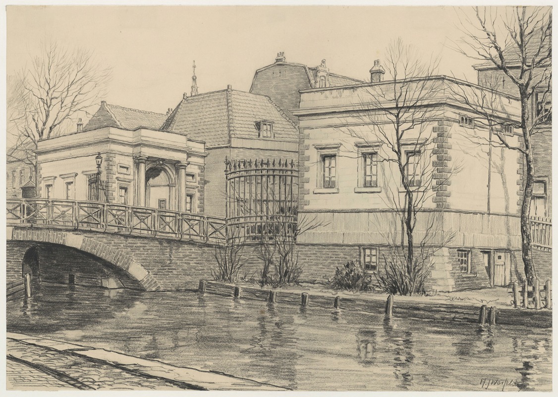 Hendrik Jan Wesseling - Kommiezenhuisjes, zuidoostzijde, en gedeelte der Grote Houtbrug