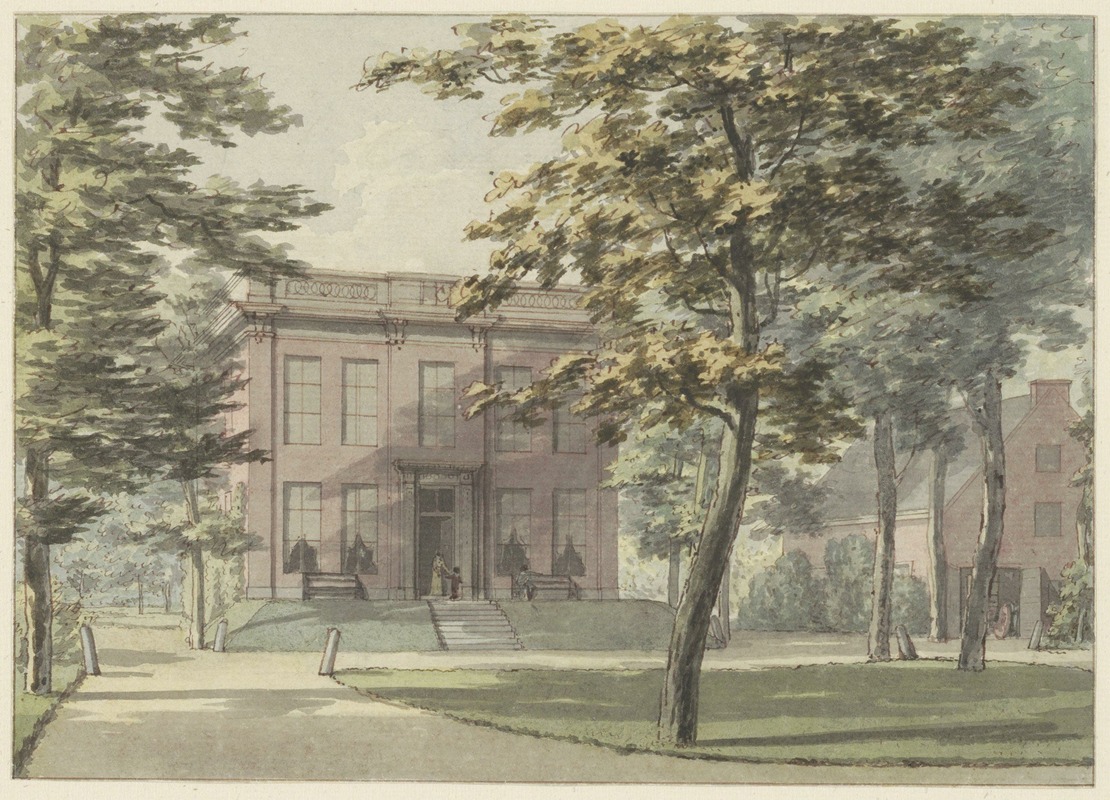 Hermanus Numan - De buitenplaats Oud Berkenrode, Oostzijde. Pen in zwart, penseel in kleuren.