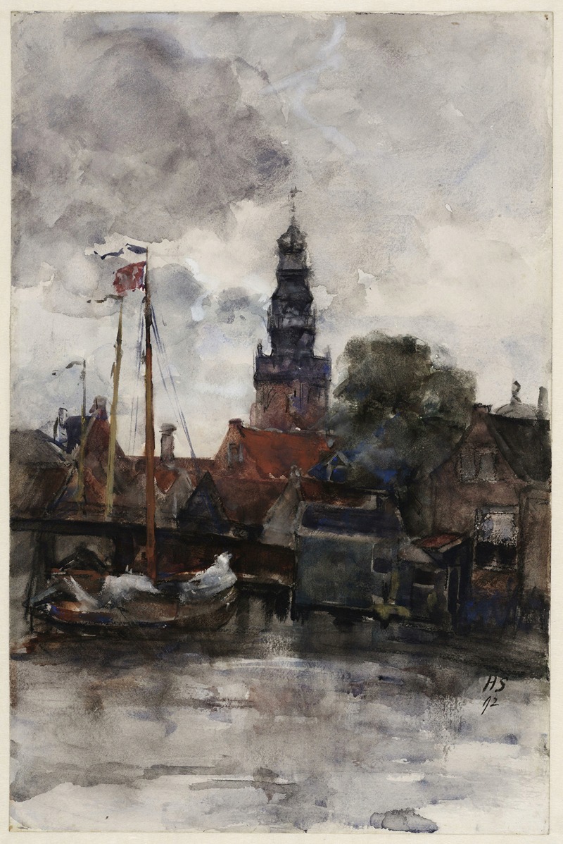 Hobbe Smith - Gezicht op de haven en Speeltoren vanaf de Zuiderzee. Links de Langebrug.