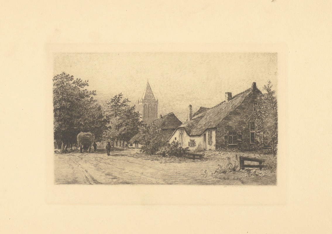 Jacobus Gerardus Veldheer - Boerderijen met kerktoren op de achtergrond