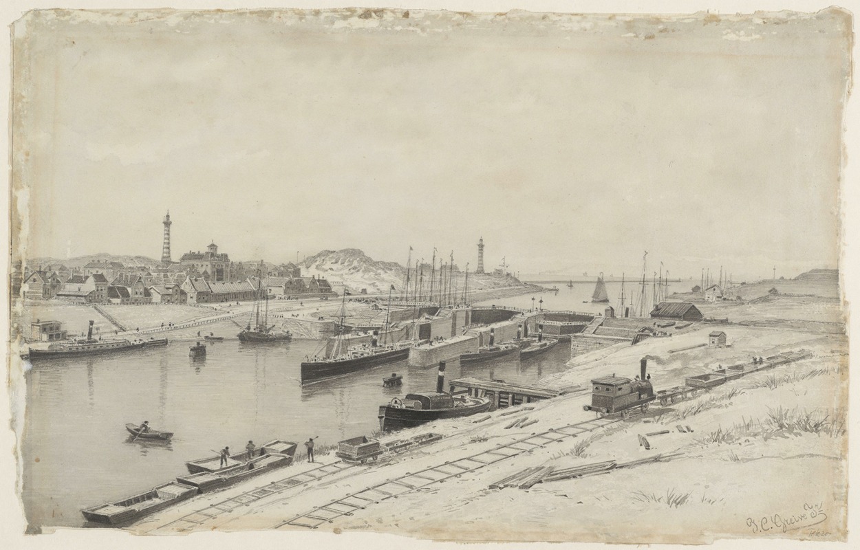 Johan Conrad Greive - Gezicht op de Zuidersluis en een deel van IJmuiden, gezien in westelijke richting.