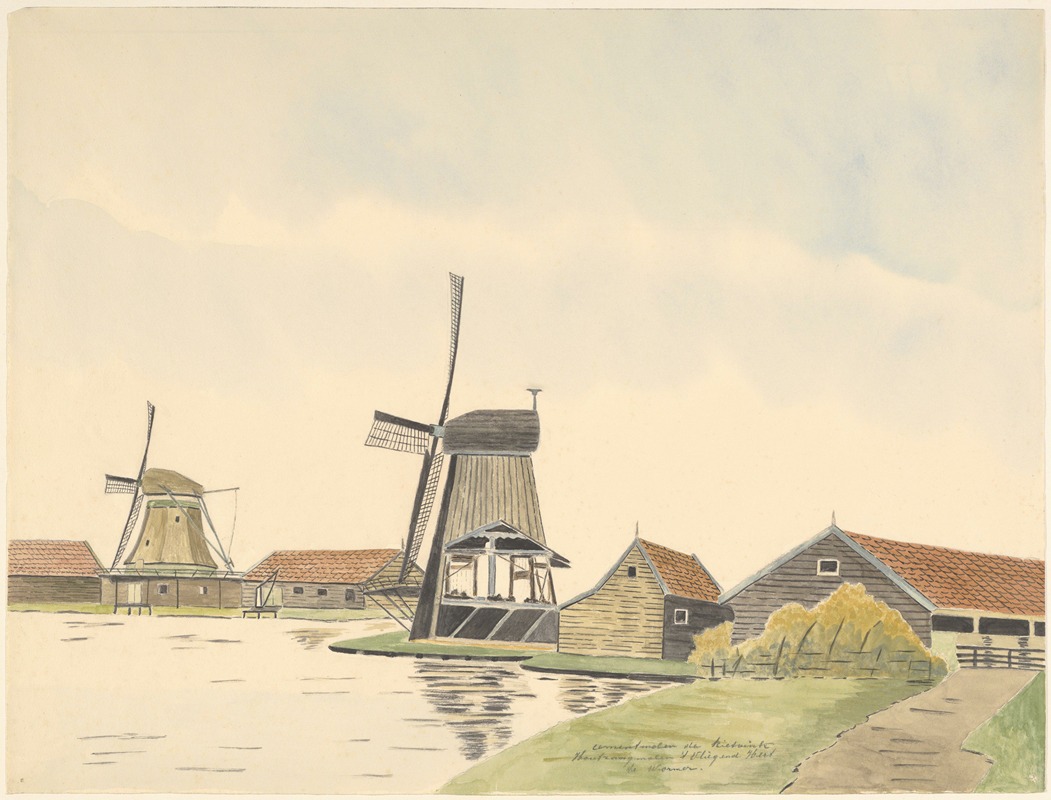 Johannes Nicolaas Eijman - Cementmolen de Rietvink en houtzaagmolen Het Vliegend-Hert aan de Zaan, vanuit het zuidwesten