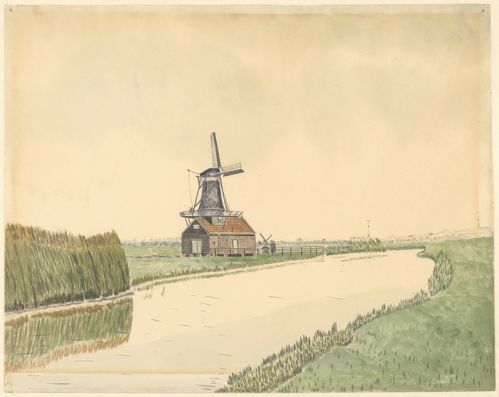 Johannes Nicolaas Eijman - Doppenmolentje Het Vliegend Hert, Engewormerringsloot. Op de achtergrond r. twee torens; van de Beschuittoren en de Ned. Herv. kerk