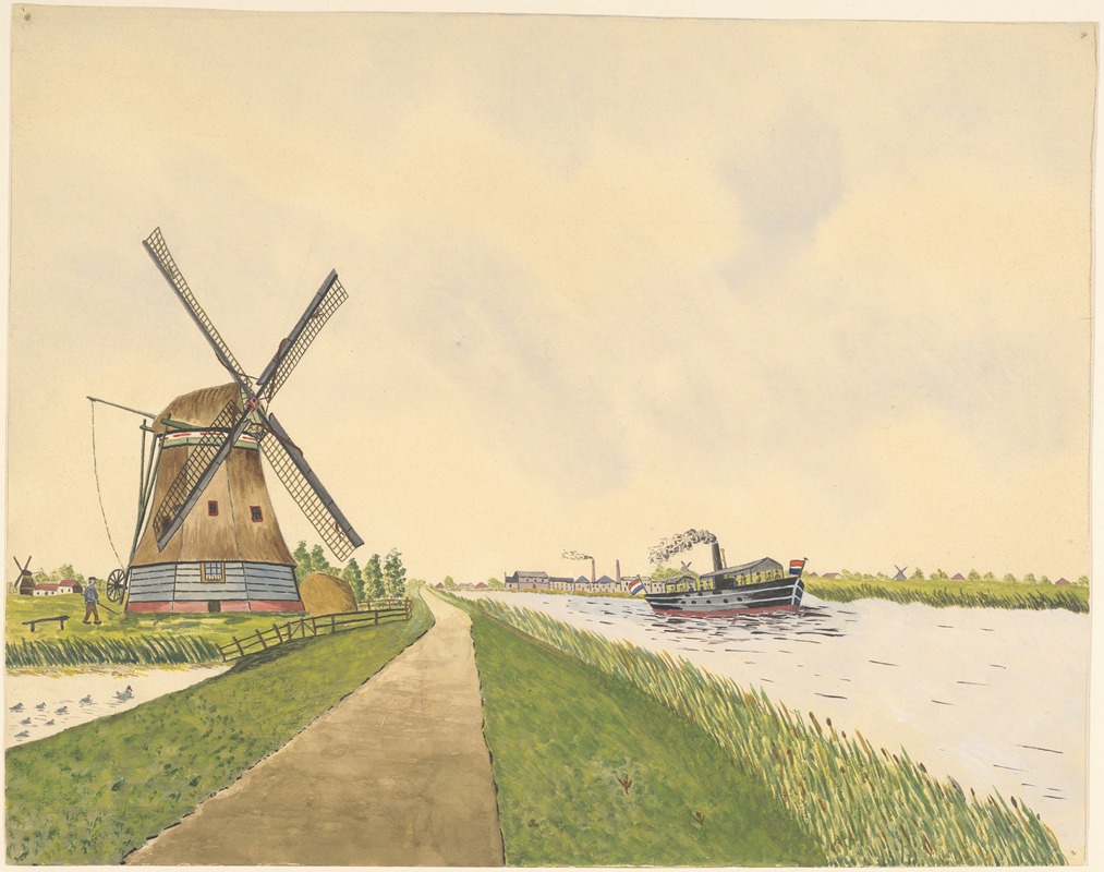 Johannes Nicolaas Eijman - Links watermolen De Spin. Op de Markervaart een stoomboot