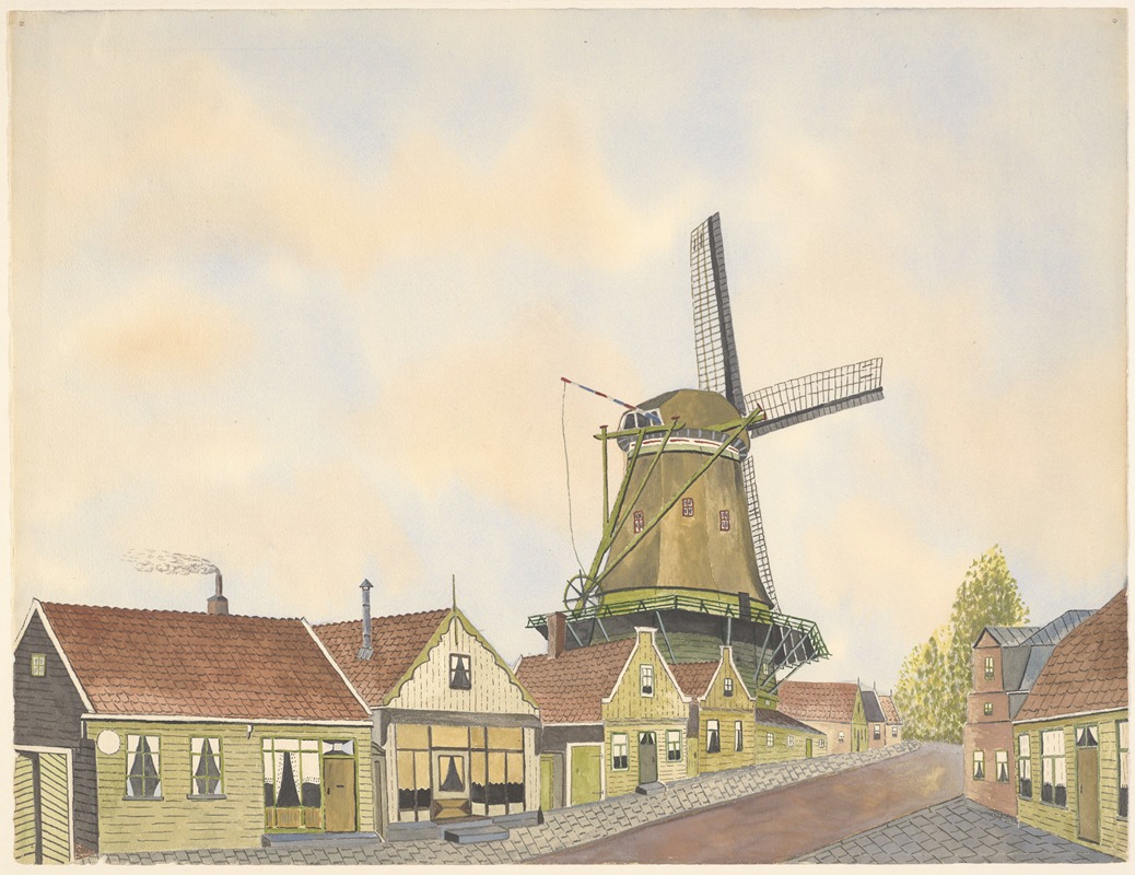Johannes Nicolaas Eijman - Meelmolen De Dood en houten huizen aan de Lagedijk