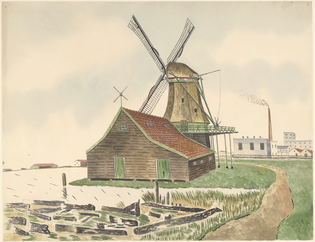 Johannes Nicolaas Eijman - molens; industriecomplex; oliemolen De Bonte-Hen, aan de Kalverringdijk. Op de achtergrond r. fabriek met schoorsteen