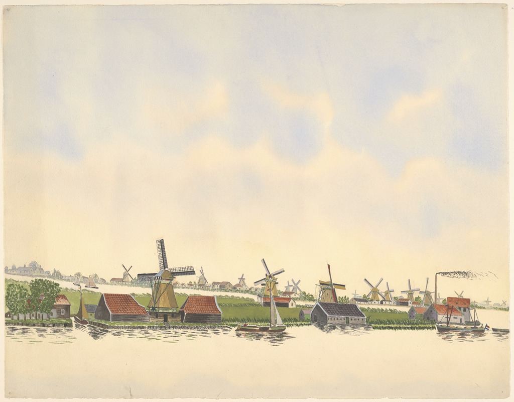 Johannes Nicolaas Eijman - molens; molens aan de Zaan, met rechts een fabriek met rokende schoorsteen