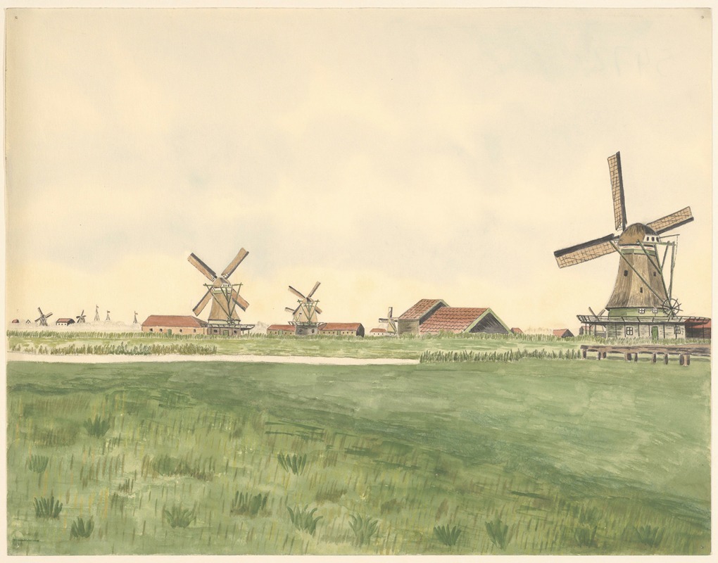Johannes Nicolaas Eijman - molens; oliemolen De Prolpot, aan de Kalverringdijk, verbrand 1917. Met andere molens. Links op de ahctergrond scheepsmasten