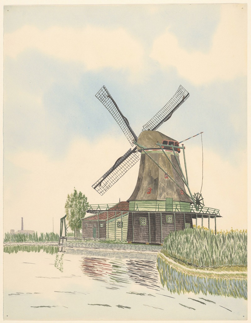 Johannes Nicolaas Eijman - molens; oliemolen De Wind, Kalverringdijk, verbrand 1914, geheel links een fabriek met schoorsteen